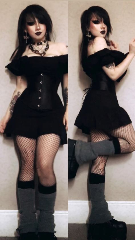 Cute goth outfit for a lil date 🥀🖤 Dress, leg warmers, jewellery- charity shops Shoes - killstar Corset - amazon Goth Outfits With Boots, Alt Leg Warmers Outfit, Goth Leg Warmers Outfit, Short Goth Dress, Goth Thighs, Goth Date Outfit, Goth Corset Outfit, Corset Amazon, Outfit With Leg Warmers