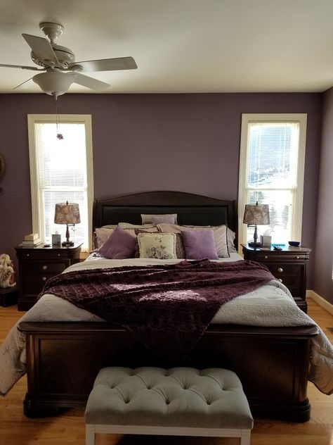 Purple bedroom Taupe And Purple Bedroom, Purple And Brown Bedroom Ideas, Purple Accent Bedroom Ideas, Purple Brown Bedroom, Plum Walls Bedroom, Dark Purple Room Ideas, Purple Bedroom Colors, 2023 Bedrooms, Girls Room Purple Walls