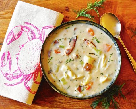 Crab Chowder Recipes, Seafood Store, Crab Chowder, Steamed Crabs, Seafood Shop, Red Skin Potatoes, Crab Shells, Dungeness Crab, Cubed Potatoes