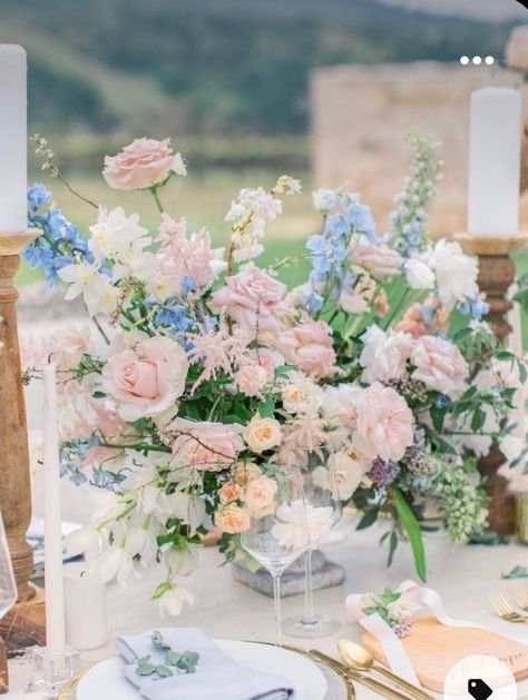 Pastel Wedding Theme, Summer Editorial, Blue Centerpieces, Pastel Wedding Flowers, Garden Theme Wedding, Santa Ynez, Sunny California, Garden Party Wedding, Peach Wedding