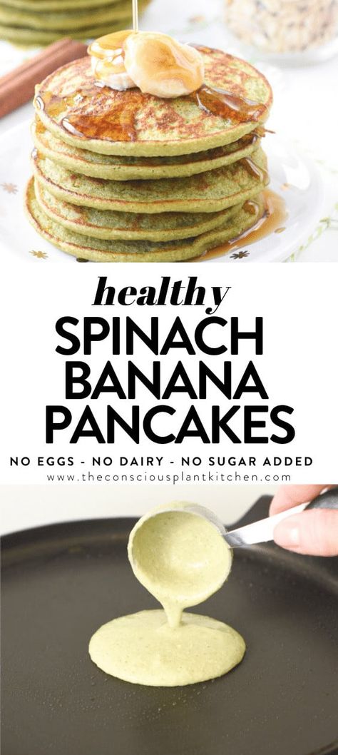 These healthy spinach banana pancakes are easy blender banana oat pancakes made with no eggs, no dairy and no sugar added. They are naturally sweetened with ripe bananas and perfect as a toddler or kids food to introduce spinach. Banana Pancakes Without Eggs, Spinach Banana Pancakes, Eggless Banana Pancakes, Healthy Vegan Pancakes, Fresh Spinach Recipes, Healthier Breakfast, Spinach Pancakes, Vegan Pancake Recipes, Banana Oat Pancakes