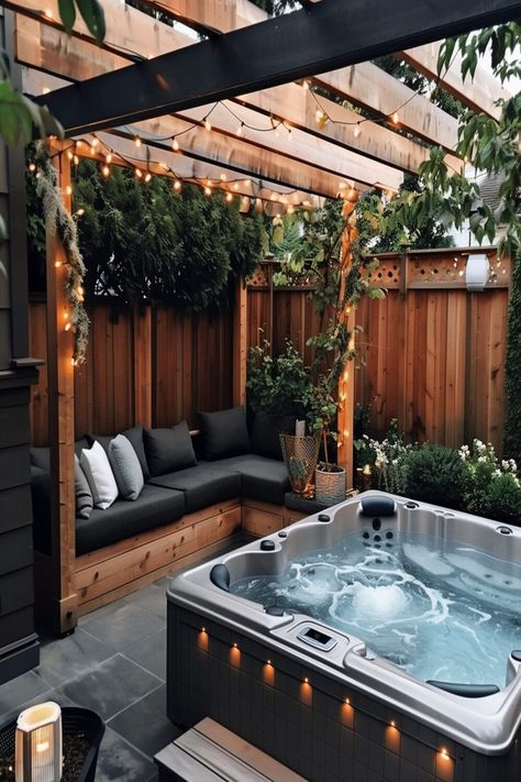 Hot tub area with privacy provided by a chic wooden pergola and ambient lights. Outside Hot Tub Area, Small Garden Hot Tub, Hot Tub Sunroom Ideas, Landscape Hot Tub, Patio Jacuzzi Ideas, Hot Tub Lighting Ideas, Enclosed Hot Tub Ideas Backyard, Hot Tub Room Ideas Indoor, Covered Hot Tub Ideas