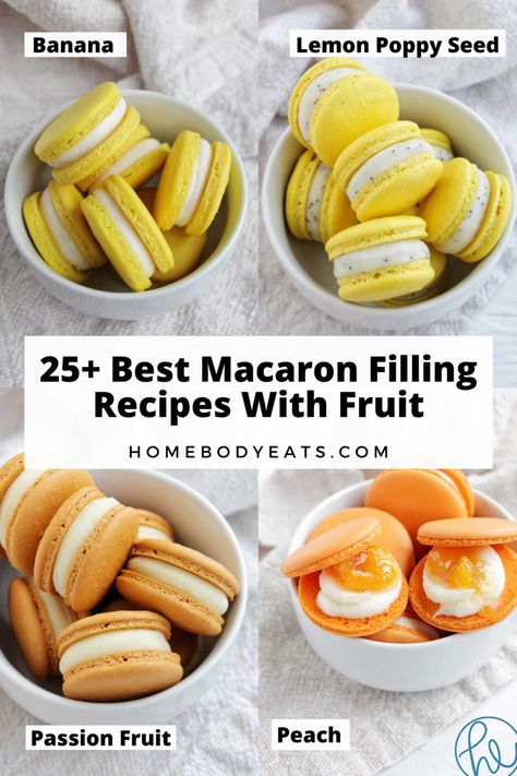 I love making macarons with fresh, freeze dried, and even frozen fruit. They give the macarons such great flavor! All of these fruit filling recipes and ideas look amazing! There's everything from strawberry fillings to blueberry, raspberry, mango, and banana. I love layering these flavors with some buttercream and ganache too. Freeze Dried Mango Recipes, Raspberry Macaron Filling, Fruit Ganache Recipe, Blueberry Macaron Filling, Macroonies Recipe Flavors, Flavored Macarons Recipe, Piping Peonies, Maccarone Recipes, Macaroons Ideas