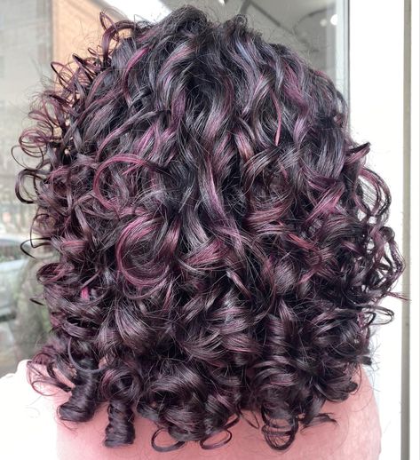 Color Highlights Curly Hair, Purple Hair Ideas Highlights, Hair Dye For Short Curly Hair, Curly Purple Hair Highlights, Cute Hair Dye Ideas For Curly Hair Purple, Curly Hair With Purple Highlights, Hair Color Ideas For Curly Hair Dyes, Purple And Brunette Hair, Purple Highlights In Curly Hair