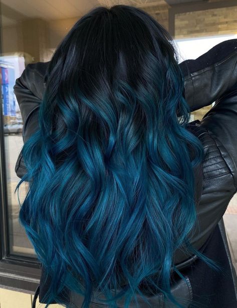 Noticeable Blue Balayage for Black Hair Blue And Black Hair, Blue And Green Hair, Teal Hair Color, Blue Black Hair Color, Blue Ombre Hair, Blue Black Hair, Black Hair Balayage, Teal Hair, Crimped Hair