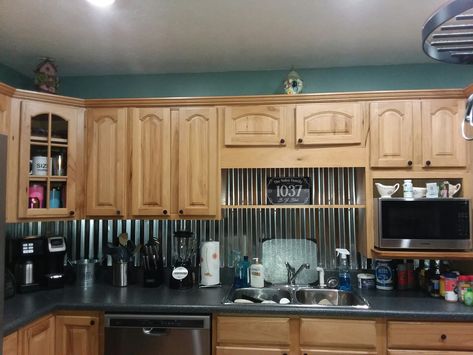 Galvanized Tin Backsplash, Galvanized Tin Walls Kitchens, Corrugated Metal Backsplash Kitchen, Galvanized Tin Walls, Metal Backsplash Kitchen, Tin Backsplash Kitchen, Metal Backsplash, Cabin Remodel, Budget Kitchen Makeover