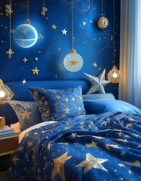 Cosmic Enchantment Spacecore Bedroom, Celestial Bedroom Ideas, Ravenclaw Bedroom, Starry Night Bedroom, Witchy Bedroom Ideas, Celestial Bedroom, Mystical Decor, Witchy Bedroom, Peaceful Blue