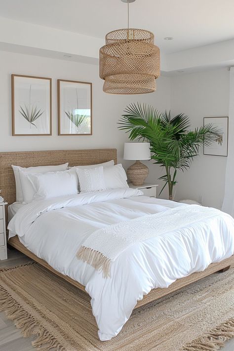 Rental Bedroom Ideas Apartment, Seagrass Bedroom Ideas, Hawaii Interior Design Decorating Ideas, Coastal Bedroom Inspiration, White Beach Bedroom, Bali Style Bedroom, Home Bedroom Refresh, Cozy Summer Bedroom, Small Bedroom Lighting Ideas