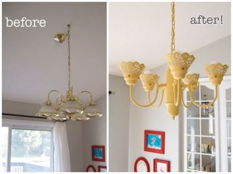 Katie at Matsutake morphed her dining table fixture simply by flipping the arms. Then she upped the ante with yellow spray paint and shades made out of craft store doilies. Get the tutorial here » Chandelier Redo, Yellow Chandelier, Chandelier Makeover, Old Chandelier, Chandelier Farmhouse, Diy Lampe, Diy Dining Room, Diy Chandelier, Shabby Chic Bedrooms