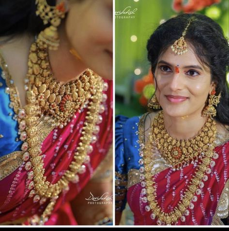 Lakshmi Bottu Mala Jewellery Designs, Bottu Mala Jewellery Designs Gold, Bottu Mala Designs Gold Short, Mango Bottu Mala, Gold Necklace Set Heavy, Butta Mala Haram, Heavy Gold Sets Jewelry Indian Design, Bottu Haram Designs, Gold Necklace Indian Bridal Jewelry Wedding