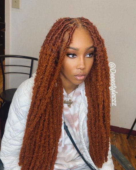 Foxlocs Braids, Style Faux Locs Hairstyles, Burgundy Faux Locs Black Women, Orange Faux Locs, Copper Faux Locs, Burgundy Locs Black Women, Faux Locs Color Ideas, Ginger Butterfly Locs, Loc Color Ideas Black Women