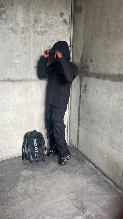 Outfit details: Black arcteryx windrunner, black cargos, black cpfm af1, supreme backpack. Cpfm Af1 Outfit, Cpfm Af1, Cargos Black, Af1 Outfit, Black Cargos, Supreme Backpack, Drippy Outfit, Outfit Details, Black Outfit