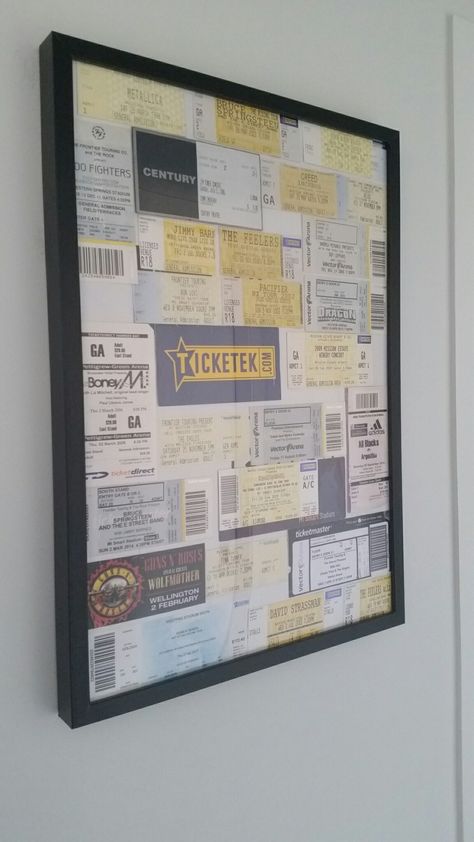 ■HuBBy's TiCKet DisPlaY■ Ways To Display Concert Tickets, Display Concert Tickets, Movie Ticket Display, Sports Tickets Display, Memorbillia Display Ideas, Concert Tickets Display, Organize Memories, Concert Ticket Display, Ticket Shadow Box