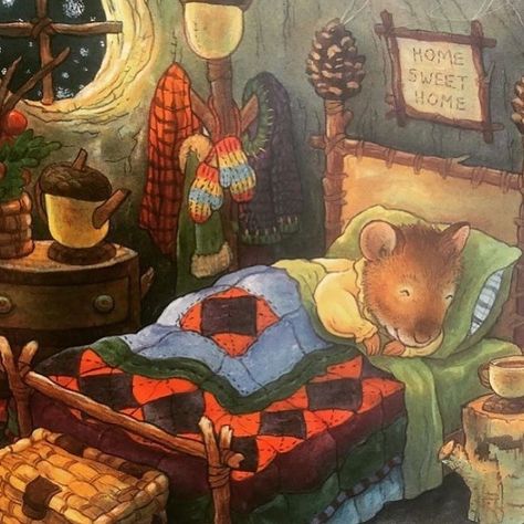 Mouse Interiors on Instagram: “A mouse bedroom by @katybratun. 😴 #mouseinteriors” Cozy Mouse Cartoon, Mouse House Illustration, Whimsical Core, Knitting Cartoon, Nostalgic Illustration, Cozy Forest, Autumn Spirit, Cozy Art, Comfort Art