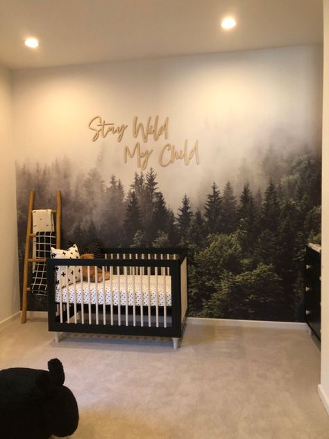 Wood Theme Nursery, Forest Inspired Nursery, Mountain Woods Nursery, Dark Colored Nursery, Guest Room Themes, Gender Neutral Mountain Nursery, Forest Theme Toddler Room, Mountain Forest Nursery, Forest Baby Boy Nursery