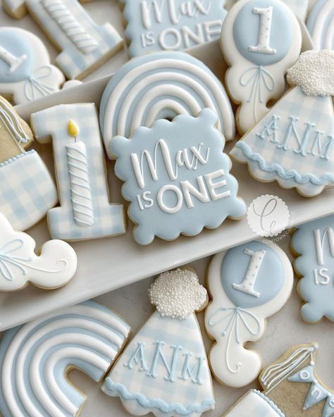 Generic First Birthday Party, 1st Birthday Cookies Boy, 1st Bday Cookies, First Birthday Cookies Decorated, First Birthday Cookies Boy, Gingham Cookies, First Birthday Sugar Cookies, Baby Birthday Cookies, Birthday Candle Cookies