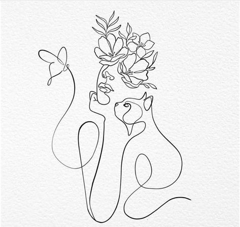 Cat Line Art Drawings, Cat Flowers Drawing, One Line Cat Drawing, Fineline Cat Tattoo, Cat Flower Tattoo, Cat Outline Tattoo, One Line Tattoo, Cat Tattoo Designs, Line Art Tattoos