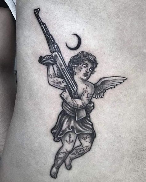 Cupid Tattoo, Sketch Style Tattoos, Torso Tattoos, Gangsta Tattoos, Wrist Tattoos For Guys, Chest Piece Tattoos, My Guardian Angel, Cool Small Tattoos, Small Tattoos For Guys