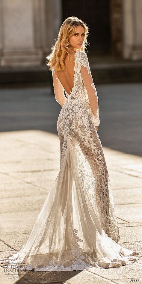 berta spring 2020 bridal illusion long flare sleeves deep v neck fully embellished lace sheath wedding dress (13) romantic elegant low back chapel train zv -- Berta Spring 2020 Wedding Dresses | Wedding Inspirasi #wedding #weddings #bridal #weddingdress #weddingdresses #bride #fashion  ~ Spring Wedding Outfit, Handmade Embellishments, Berta Wedding Dress, Sheath Wedding Dress Lace, Wedding Inspirasi, Sheer Wedding Dress, Spring Wedding Dress, Bride Fashion, Sheath Wedding