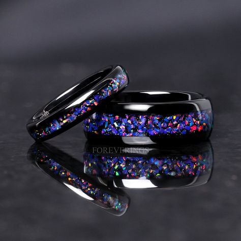 Black Starry Night, Black Ring Set, Matching Ring Set, Gothic Wedding Rings, Ring Engraving, Cool Rings For Men, Wedding Ring Sets Unique, Couples Bracelets, Couples Ring