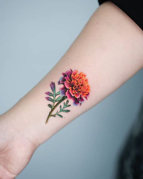 Red Marigold Tattoo, Marigold Tattoo Design, Marigold Tattoos, Ten Tattoo, Red Marigold, Marigold Tattoo, Lily Flower Tattoos, A Ray Of Sunshine, Complicated Love