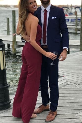 Burgundy Pants Outfit, Cute Wedding Outfits, Red Halter Jumpsuit, Jumpsuit Outfit Wedding, Fall Wedding Attire, Mens Casual Wedding Attire, Fancy Attire, Fall Wedding Outfits, Casual Wedding Attire