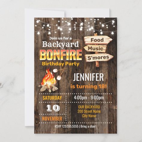 Backyard Bonfire Birthday Party Invitation Fall Bonfire Party, Bonfire Party Invitations, Backyard Bonfire Party, Adele Birthday, Campfire Birthday, Bonfire Birthday Party, Bonfire Birthday, Sibling Birthday Parties, Backyard Gifts