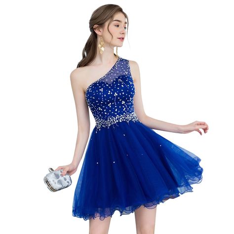 Corto de un hombro azul real vestidos de fiesta 2018 Mini con cuentas de tul baile vestidos de baile Vestido corto vestidos de fiesta China Blue Homecoming Dresses Short, Prom Dresses Short Blue, Royal Blue Homecoming Dresses, Neon Prom Dresses, Short Graduation Dresses, Fall Fashion Skirts, Mini Prom Dresses, Evening Mini Dresses, Blue Dress Short