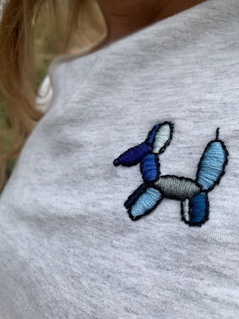 Hand Embroidered Blue Balloon Animal Crew Neck Sweatshirt with Pockets, Women's Size XS Sweatshirt Embroidery Ideas Men, Embroidered Clothes Men, Masculine Embroidery, Embroidery Inspiration Simple, Tiny Embroidery Ideas, Embroidery Inspiration Clothing, Diy Embroidered Sweatshirt, Embroidery Sweatshirt Ideas, Sweatshirt Embroidery Ideas