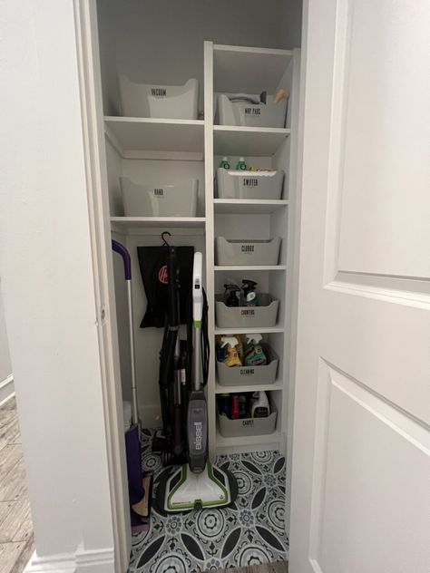 Closet Coffee Bar, Vacuum Closet, Cleaning Supply Closet, Diy Pantry Cabinet, Diy Closet Organizer, Small Coat Closet, Supply Closet, Diy Closet Storage, Cleaning Closet Organization