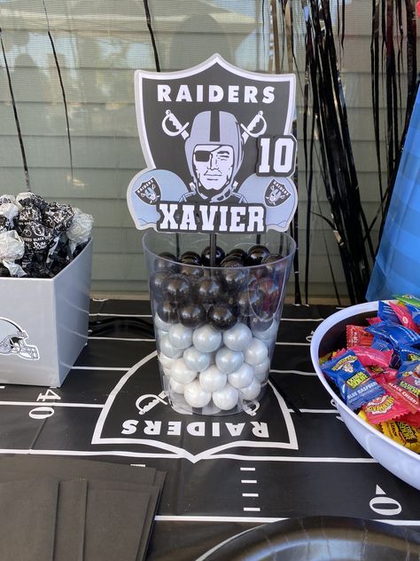 Raiders Centerpieces Party Ideas, Raider Party Decorations Ideas, Raiders Theme Party Ideas, Raiders Birthday Party, Raiders Party, Dodgers Birthday Party, Oakland Raiders Fans, Baby Shower Game Prizes, Raiders Stuff