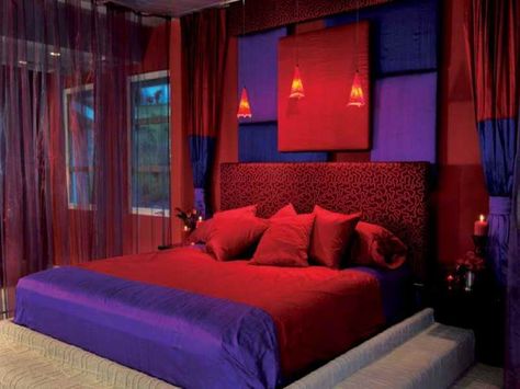 red and blue room Blue Bedroom Paint, Red Headboard, Blue Bedroom Colors, Red Bedroom Design, Romantic Bedroom Design, Purple Bedrooms, Blue Bedroom Decor, Purple Bedroom, Purple Rooms