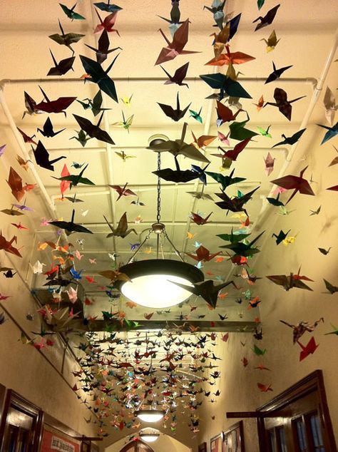 idea of hanging paper cranes came from a Bravo TV show - it's trendy for wedding receptions. Origami Classroom Decor, Anime Restaurant, Origami Installation, Cranes Origami, Hanging From Ceiling, 1000 Paper Cranes, Ceiling Paper, 1000 Cranes, Japanese Cranes