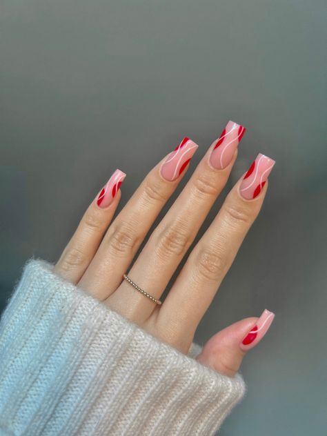 nail inspo, nail  art, nail tutorial, Pinterest nails, minimal nails, cute nails, pretty nails, fun nails, spring nails, summer nails, chic nails, stylish nails, trendy nails, pink nails, bright nails, fun nails, red nails, white nails, swirly nails, viral nails Swirly Red Nails, Swirl Red Nails, Swrill Design Nails Red, Red And White Squiggle Nails, Red And White Nails French Tip, Red Nails Inspiration Art Designs, Red And White Swirl Nails, Swirly Nail Art, Nails Lines