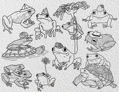 Derpy Frog Tattoo, Dumpy Frog Tattoo, Ghost Frog Tattoo, Frog Line Art Tattoo, Frog Tattoo Linework, Whimsical Frog Tattoo, Toad Tattoo Simple, Cute Toad Tattoo, Cute Tortoise Tattoo