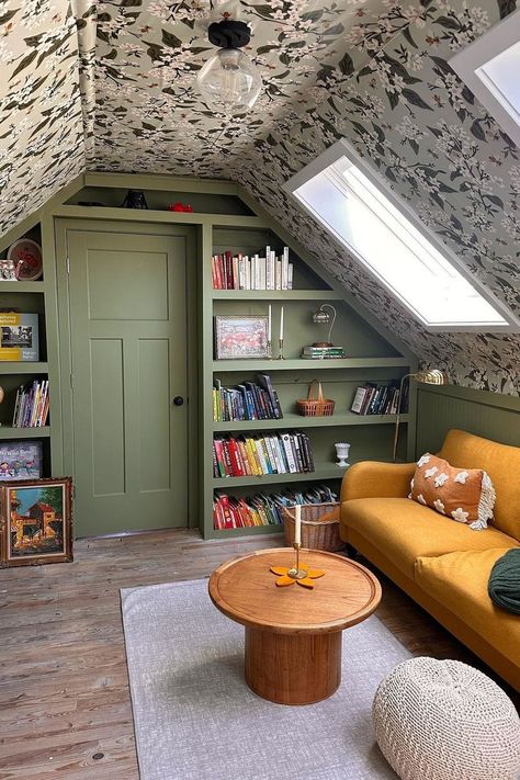 a room with a green cabinet and a couch Diy Bookshelf Ideas, Attic Living Room, Attic Room Ideas, Attic Makeover, Slanted Walls, Creative Bookshelves, Diy Bookshelf, Bookshelf Ideas, Bedroom Corner