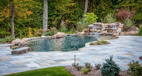 mountain-lakes-new-jersey-landscape-design-pool-and-patio-2 Mountain Pool Landscaping, Lagoon Pool, Custom Swimming Pool, Mountain Lakes, Pool Waterfall, Modern Mountain, Fine Gardening, Tropical Houses, Swimming Pool Designs