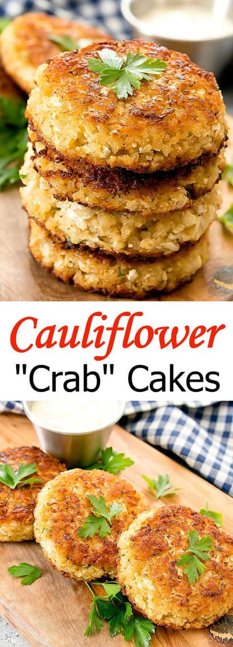 Cauliflower "Crab" Cakes. Cauliflower is used instead of crab meat. These cakes taste very similar to real crab cakes! Seafood Healthy, Cauliflower Cakes, Vegan Crab, Cauliflower Dishes, Crab Recipes, Food Group, Skillet Meals, Cauliflower Recipes, Crab Meat