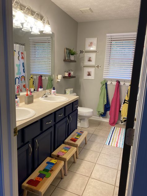 Unisex Kids Bathroom Ideas, Behr Dolphin Fin, Boy Bathroom Ideas, Gender Neutral Kids Bathroom, Kid Friendly Bathroom, Dolphin Fin, Toddler Bathroom, Kids Bathroom Colors, Boys Bathroom Decor