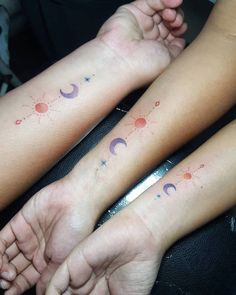 Sun Moon And Stars Tattoo For Sisters, Sun Moon And Rising Tattoo, Sun Moon And Stars Tattoo Best Friends, Triplet Tattoos Ideas, Moon Sun And Stars Tattoo, Trifecta Tattoo, Sun Star Moon Tattoo, Sun Moon And Star Tattoo, Mini Tattoos Moon And Stars