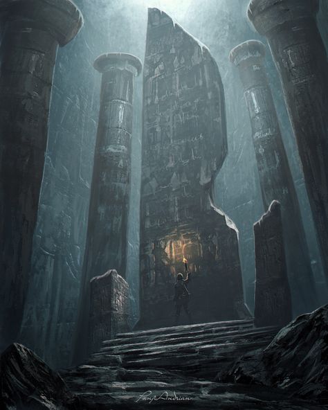 ArtStation - Hidden Tomb, Panjoool Fantasy Tomb Art, Underground Castle Fantasy Art, Underground Fantasy Art, Ruined City Fantasy Art, Tomb Concept Art, Underground City Fantasy Art, Dark Ruins, Dnd Artwork, Fantasy Ruins