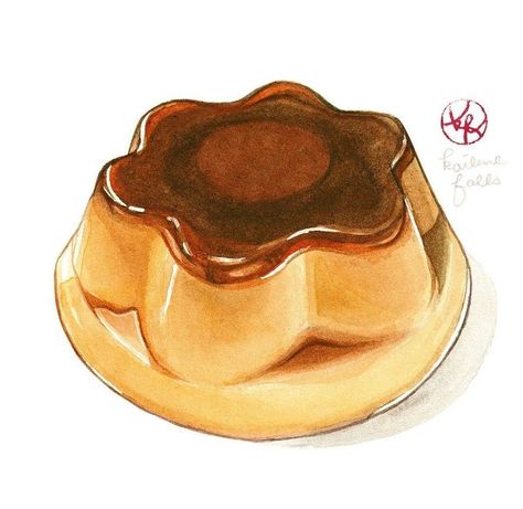 Falls Illustration, Japanese Pudding, Pudding Illustration, Japanese Food Illustration, Desserts Drawing, Food Art Painting, Dessert Illustration, Food Doodles, 귀여운 음식 그림