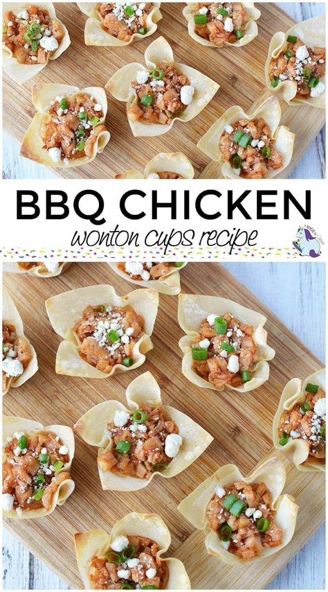 Chicken Wonton Cups, Bite Sized Appetizers, Wrapper Recipes, Bite Size Appetizers Easy, Bbq Appetizers, Easy Bbq Chicken, Chicken Wontons, Wonton Cups, Chicken Bbq