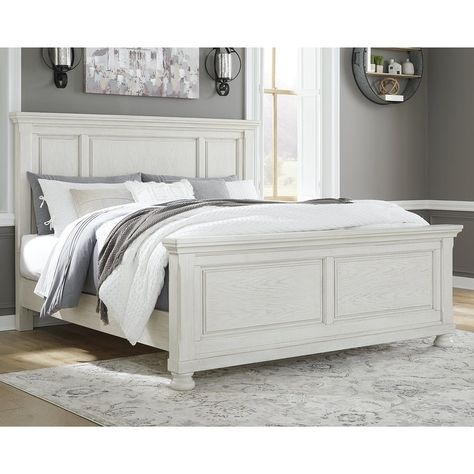 Signature Design by Ashley Robbinsdale Antique White Panel Bed - Bed Bath & Beyond - 38997786 White Wood Bed, White King Panel Bed, White Wooden Bed, White Bedroom Set, Wood Bed Design, White Bed Frame, Queen Panel Beds, Bedroom Panel, Headboard Designs