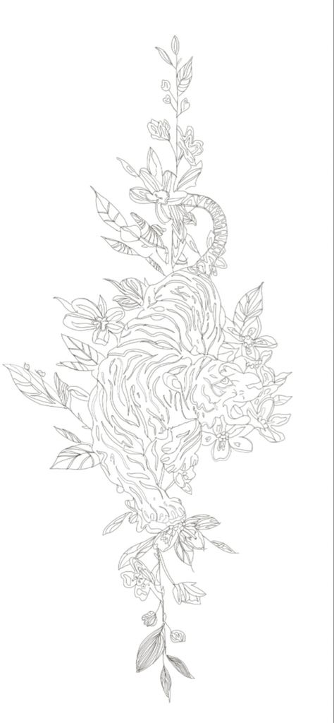 tiger on a branch with flowers and leaves coe the spine. Please enjoy my idea. Please follow me so I can become a young creator. Thank you so much Back Tattoo Women Tiger, Tiger Tattoo For Women Back, Tiger Back Tattoo Woman, Tiger Spine Tattoo, Female Back Tattoos Full, Tiger Tattoo For Women, Tattoos Lily, Tiger Back Tattoo, Tiger Lily Tattoo