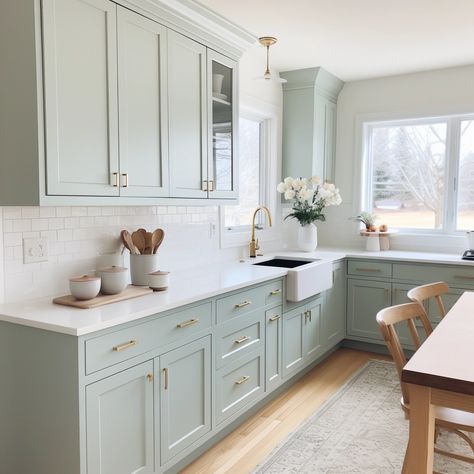 Sea Salt Kitchen Cabinets, Sherwin Williams Misty, Sea Salt Coordinating Colors, Sea Salt Kitchen, Coastal Kitchen Cabinets, Bathroom Painting Ideas, Creative Wall Painting Ideas, Bright Green Paint, Sw Sea Salt