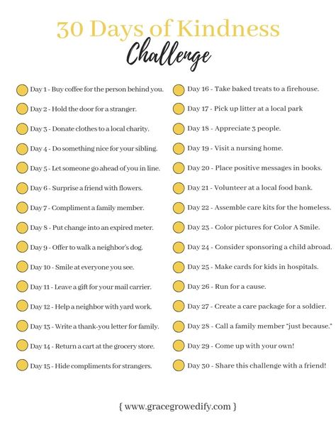 30 Days Of Kindness Challenge, Community Kindness Projects, Kind Things To Do For Others, 30 Day Kindness Challenge, 30 Days Of Kindness, January Challenge, Kindness Projects, Kindness Challenge, Kindness Day