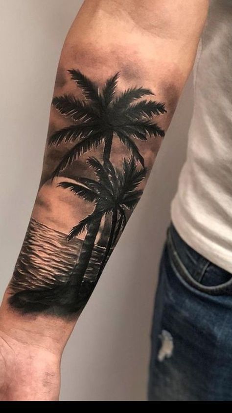 Sunset Waves Tattoo, Island Tattoo Men, Tropical Tattoo For Men, Beach Sleeve Tattoo, Beach Tattoo For Men, Palm Tree Tattoo Men, Half Sleeve Tattoos For Men, Beach Inspired Tattoos, Beach Tattoo Ideas