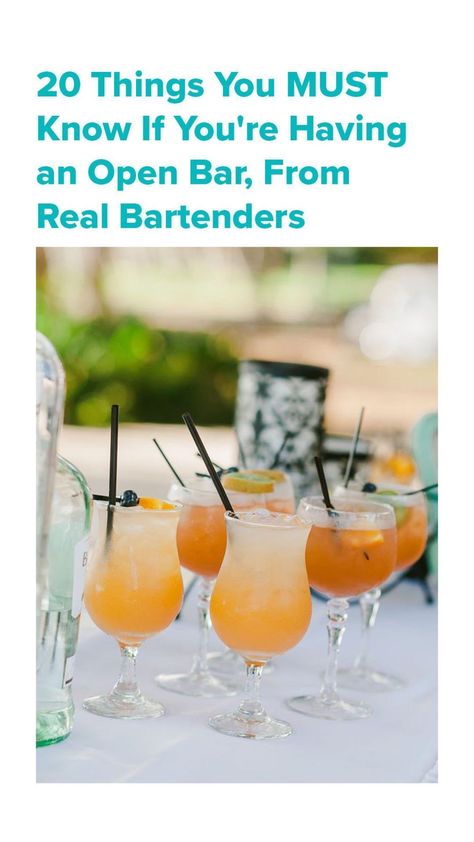 We reached out to bartenders, who are experts in everything from saving money to proper alcohol etiquette, to dole out advice to couples who plan on offering an open bar at their wedding. How To Serve Alcohol At A Wedding, Event Bartending, Wedding Bartender, Wedding Hors D'oeuvres, Mobile Bartending, Open Bar Wedding, Islamorada Wedding, Open House Parties, Liquor Shots