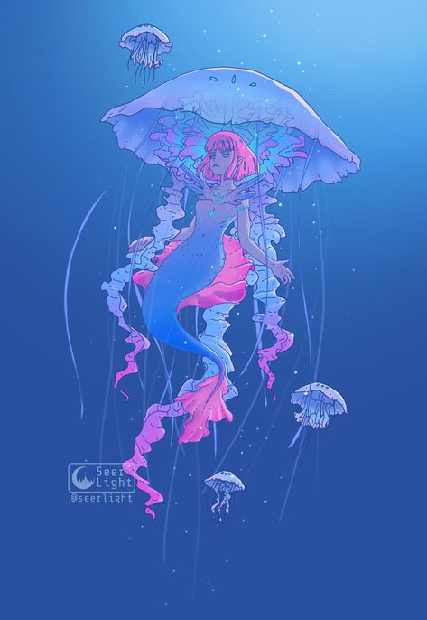 Jellyfish Mermaid by SeerLight on DeviantArt Medusa Animal, Jellyfish Mermaid, Jellyfish Drawing, Jellyfish Art, Mermaid Drawings, Mermaid Pictures, Cute Kawaii Animals, Jelly Fish, Mermaid Art